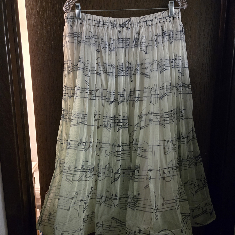 Maeve Cream Pleated Midi Skirt with Black Music-Note Print